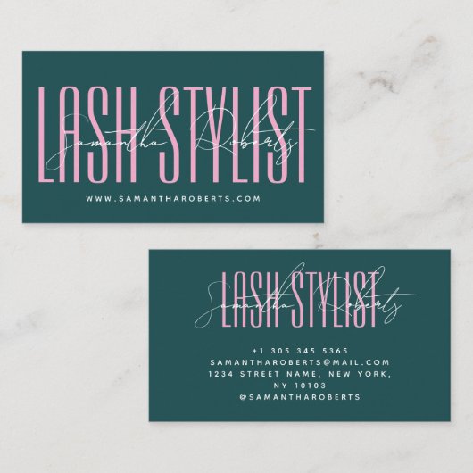 Lash stylist modern typography script green pink 名刺 (正面/裏面)