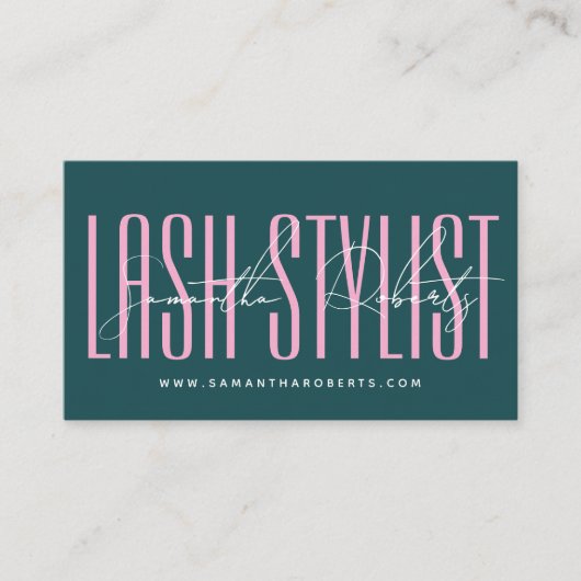 Lash stylist modern typography script green pink 名刺 (正面)