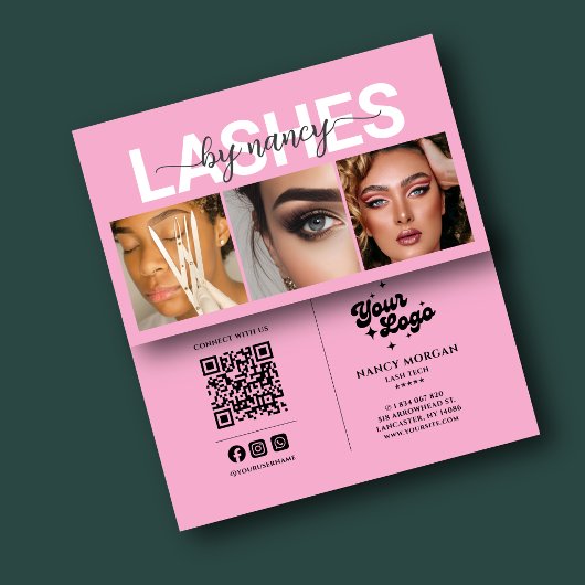 Lash Tech ピンク 3枚フォトグリッド QRコード マツエクアーティスト 名刺