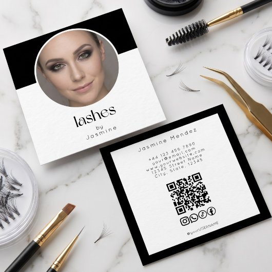 Lash Tech QRコード 写真 ソーシャル 白黒 スクエア スクエア名刺