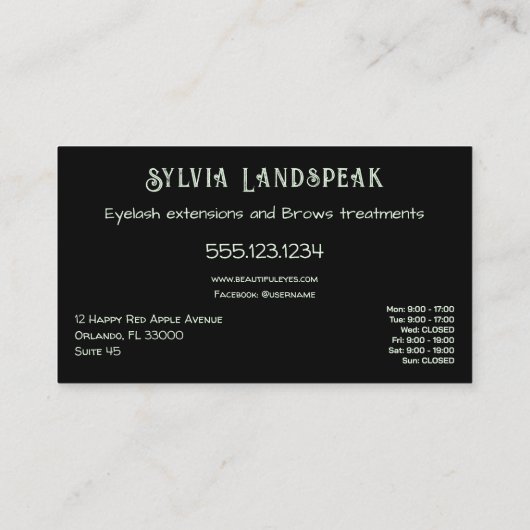 Lash Technicianの緑のグリッターまつげ 名刺 (裏面)