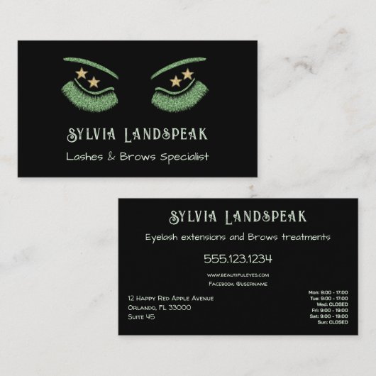 Lash Technicianの緑のグリッターまつげ 名刺 (正面/裏面)