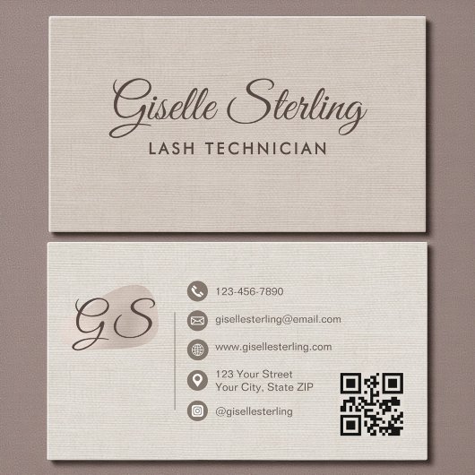 Lash Technician Beige Linen Modern Elegant QR Code 名刺