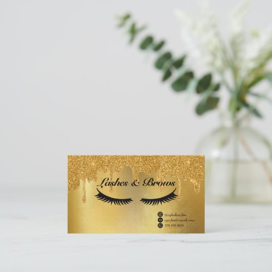 LashesとBrowsスクリプエレガントト金ゴールドメイクアップ美しい 名刺 (スタンド正面)