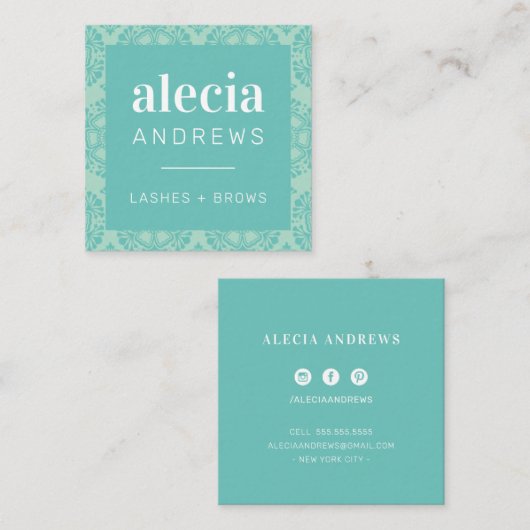 LASHESとBROWSヴィンテージエレガントのミントグリーン スクエア名刺 (正面/裏面)