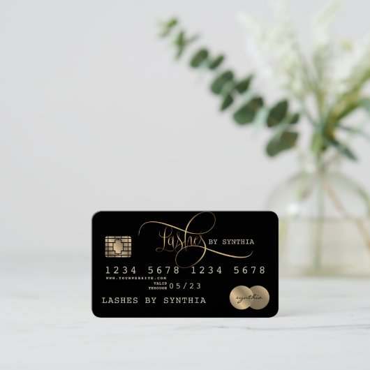 Lashesクレジットカードのスタイル付きブラック金ゴールド 名刺 (スタンド正面)