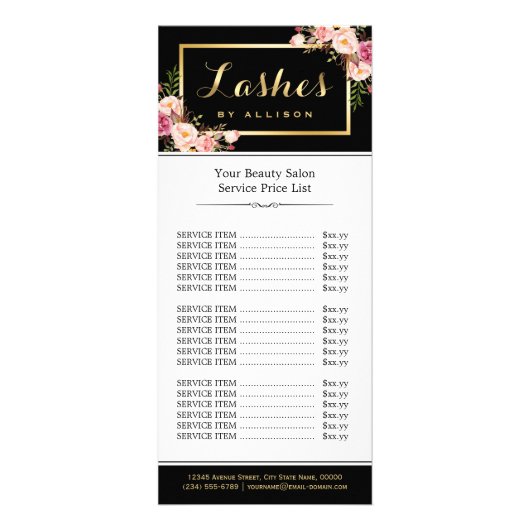 Lashesスクリプトピンクのフローラメイクアップ価格表 ラックカード (正面)