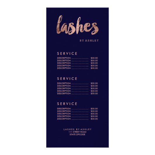 Lashesモダン金ゴールドタイポグラフィネイビーの価格表 ラックカード (正面)