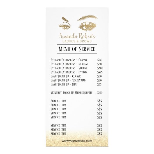 Lashes Browsメイクアップアーティスト金ゴールドサロン価格表 ラックカード (正面)