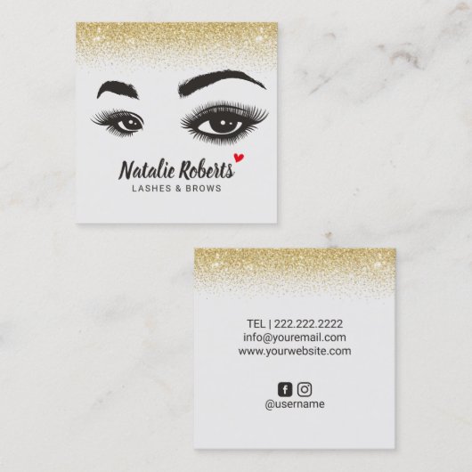 Lashes & Browsメイクアップアーティスト金ゴールド紙吹雪サロン スクエア名刺 (正面/裏面)