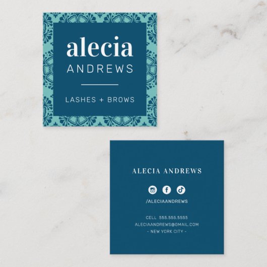 LASHES & BROWSヴィンテージエレガントターコイズダークブルー スクエア名刺 (正面/裏面)