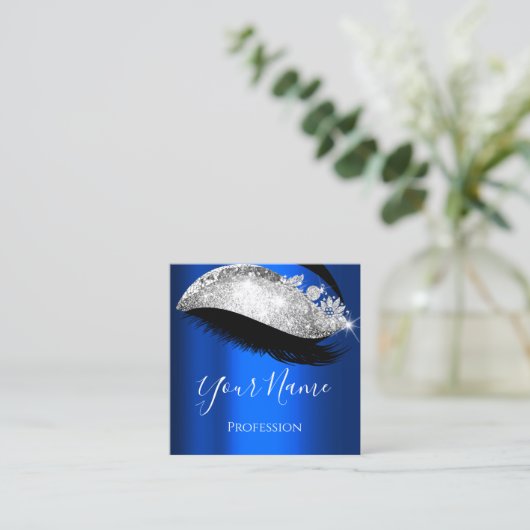 Lashes Extensionメイクアップアーティストブルーネイビーシルバー スクエア名刺 (スタンド正面)
