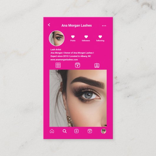 Lashes InstagramフォトグリッドQrコードホットピンク 名刺 (正面)