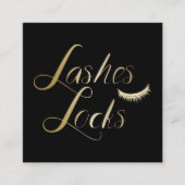 Lashes & Locksブラック&モダン金ゴールドメイクアップアーティスト スクエア名刺 (正面)