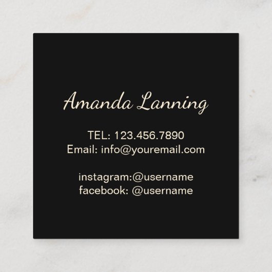 Lashes & Locksブラック&モダン金ゴールドメイクアップアーティスト スクエア名刺 (裏面)