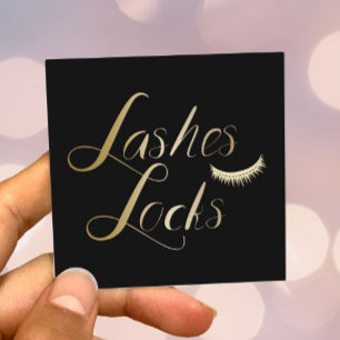 Lashes & Locksブラック&モダン金ゴールドメイクアップアーティスト スクエア名刺