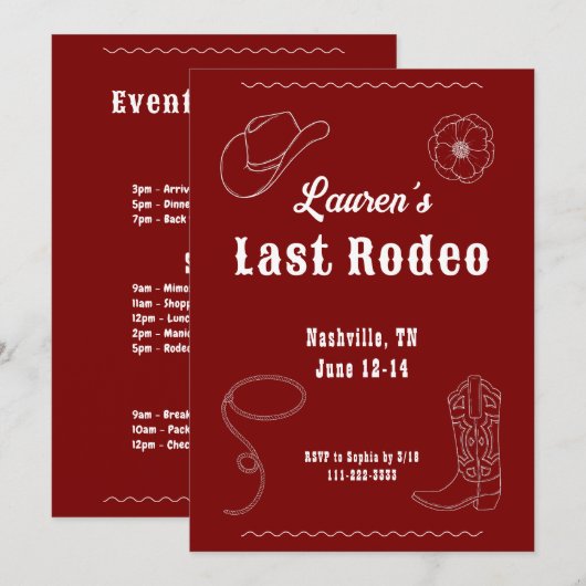 Last Rodeo Cowgirl Western Bachelorette Invitation 招待状 (正面/裏面)