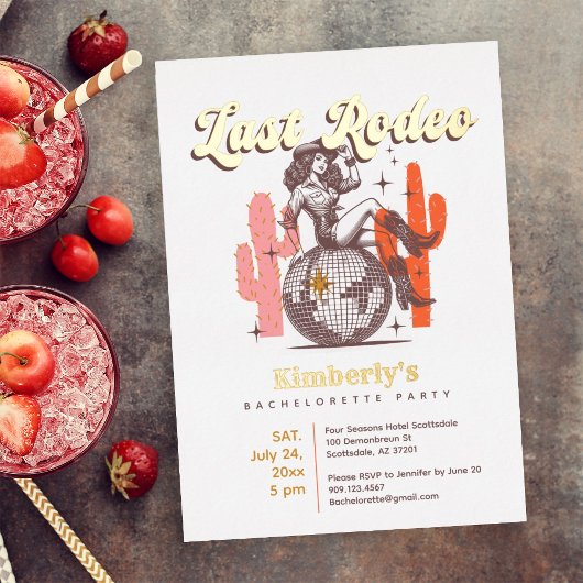 Last Rodeo Gold Retro Cowgirl Bachelorette Party  箔招待状