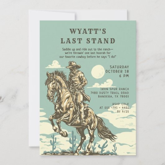 Last Stand Western Bachelor Party Cowboy Rustic 招待状 (正面)