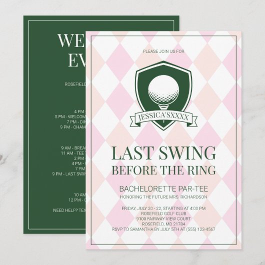 Last Swing Before the Ring Golf Bachelorette Party 招待状 (正面/裏面)