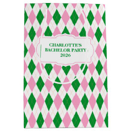 Last Swing Golf Bachelorette Pink Green Argyle ミディアムペーパーバッグ