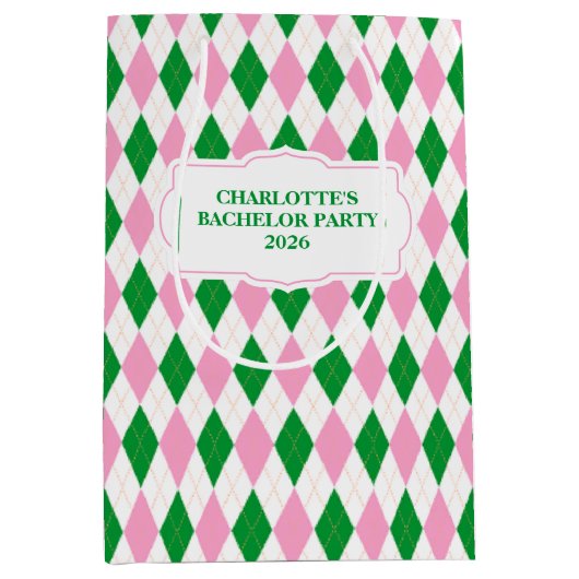 Last Swing Golf Bachelorette Pink Green Argyle ミディアムペーパーバッグ (正面)