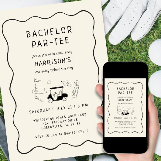 Last Swing Golf Theme Bachelor Party Hand Drawn  招待状