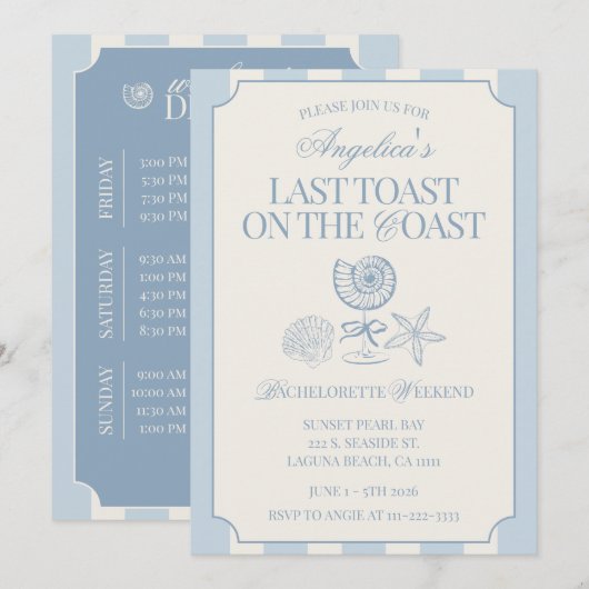 Last Toast on the Coast Bachelorette Itinerary and 招待状 (正面/裏面)