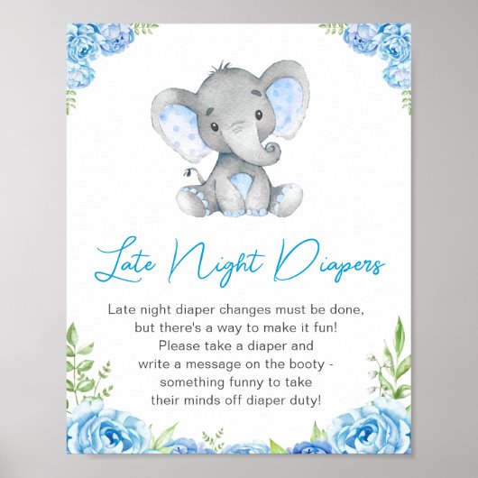 Late Night Diapers Boy Elephant Baby Shower Peanut ポスター (正面)