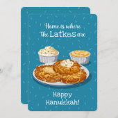 Latkes Creamy Applesauce Blue Hanukkah Greeting シーズンカード (正面/裏面)