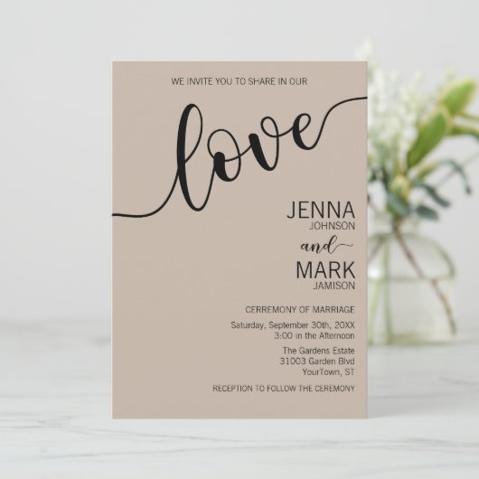 Latte Mocha Black Love Script Minimalist Wedding 招待状 (スタンド正面)