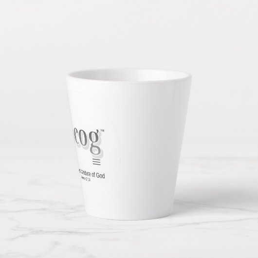 Latte Mug 12 oz flaired - "pcog" aconym and words カフェラテマグ (正面)