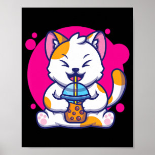 Laughing Cat NekoかわいいBoba Tea In Animeスタイル ポスター