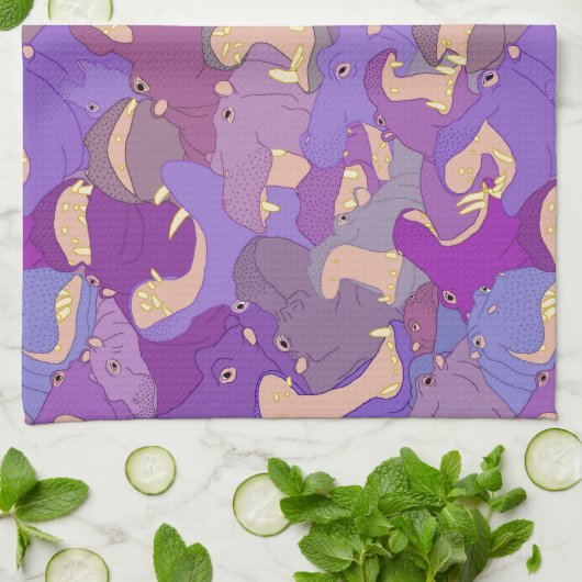 Laughing Hippos - purple キッチンタオル (折り畳み)