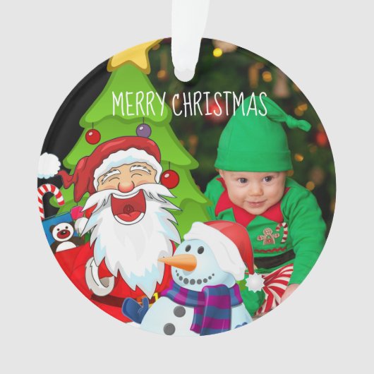 Laughing Santa and Snowman Christmas Baby Photo オーナメント (正面)