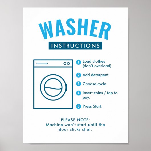 Laundromat Washer Instructions Wall Sign Poster ポスター (正面)