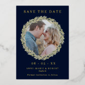 Laurelリースオンネイビー写真結婚式Save the Date 箔招待状