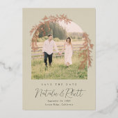 Laurelリーフモダンアーチウェイ結婚式の日付を保存F 箔招待状 (正面)