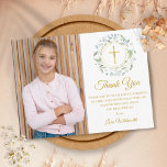 Laurel Garland First Communion Photo Thank You ポストカード<br><div class="desc">装飾の月桂樹のガーランド、金ゴールドリングと十字架は、あなたの特別な最初の神聖な聖餐会の上に座っ感謝していて、このデザインの上に自分の写真の他にエレガント。Thisisnomeによる設計©</div>