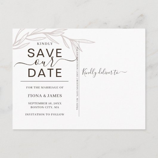 Laurel Leafエレガント写真救Our Date 案内ポストカード (裏面)