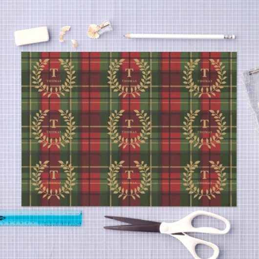 Laurel Monogram On Red And Green Christmas Plaid 薄葉紙 (クラフト)
