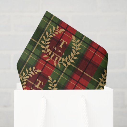 Laurel Monogram On Red And Green Christmas Plaid 薄葉紙 (ギフトバッグ)