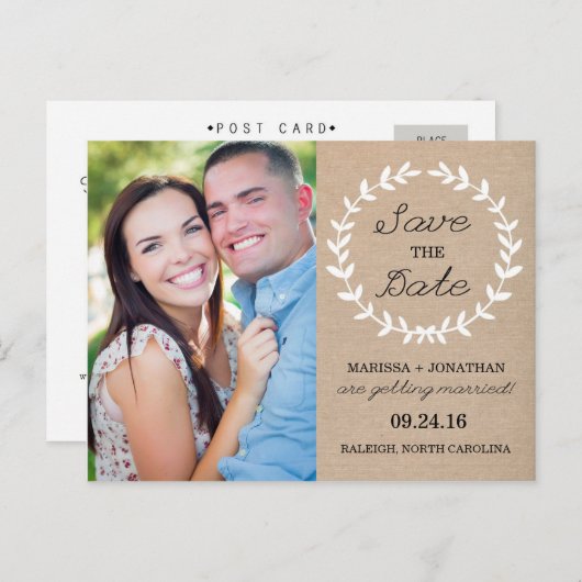 Laurel Save the Dateフォトポストカード/Burlap 案内ポストカード (正面/裏面)