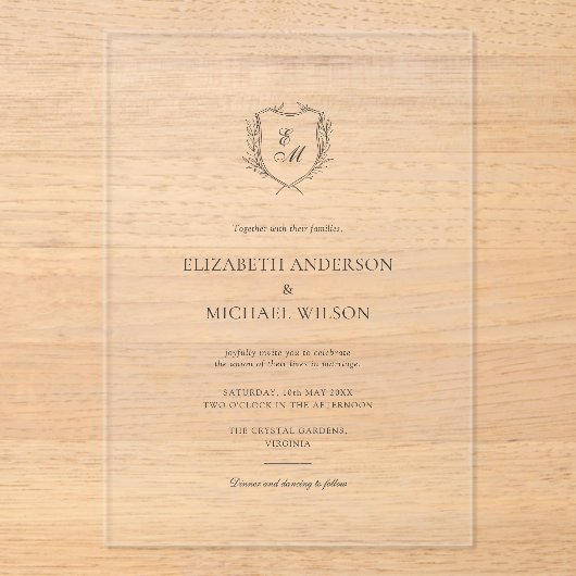 Laurel Wreath Crest Minimalist Classic Wedding アクリル招待状 (正面)