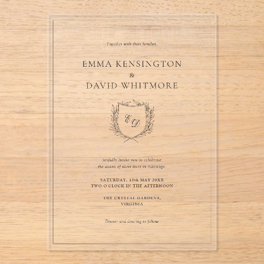 Laurel Wreath & Crest Minimalist Elegant Wedding アクリル招待状 (正面)