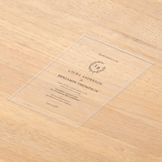 Laurel Wreath Wedding Crest Minimalist アクリル招待状 (レイダウン)