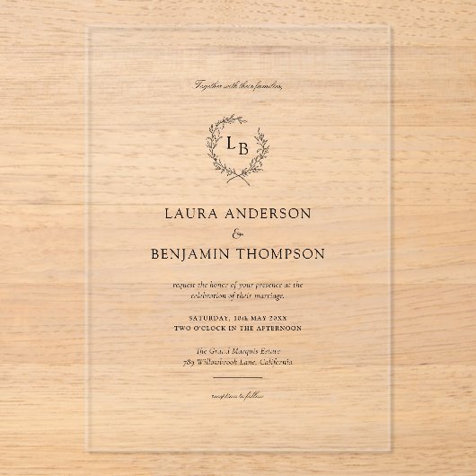 Laurel Wreath Wedding Crest Minimalist アクリル招待状 (正面)