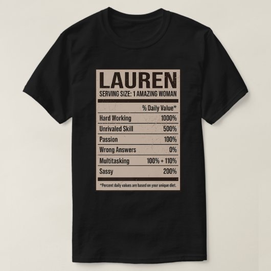 Lauren Nutrition Facts Name Nickname Alias Title F Tシャツ (デザイン正面)