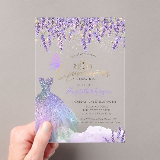  Lavander,String Lights,Glitter Dress Quinceanera アクリル招待状 (インサイチュ (ポータブル))
