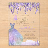  Lavander,String Lights,Glitter Dress Quinceanera アクリル招待状 (正面)